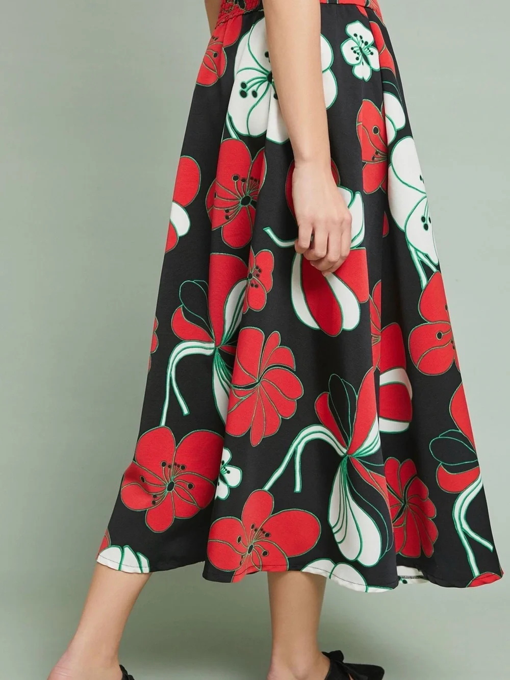 Anthropologie Black Midi Skirt with Red and White Floral Print